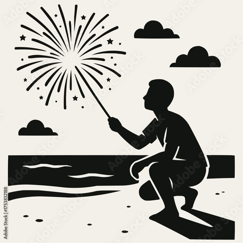 Man with sparkler on beach at night, silhouette