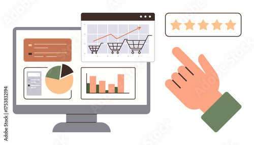 Computer screen displaying shopping cart data, charts, and rating interface with a hand selecting stars. Ideal for e-commerce, customer feedback, data analysis, user experience, digital marketing