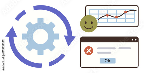 Gear within arrows, progress chart, error window, and happy face. Ideal for workflow, feedback, automation, process cycles troubleshooting user experience progress monitoring. Simple flat metaphor