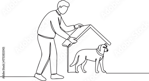 Continuous line drawing of a man providing shelter and care for his dog, assembling a dog house, representing pet ownership, home, and animal welfare.