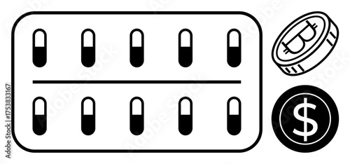 Blister pack with capsules and cryptocurrency coins emphasizes healthcare costs, digital finance, innovation. Ideal for health funding, blockchain, pharma cost, online payments, fintech, and economic