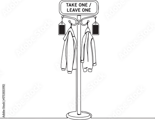 Continuous Line Drawing of a 'Take One Leave One' Coat Rack with Hanging Jackets, Illustrating a Concept of Community Sharing and Exchange
