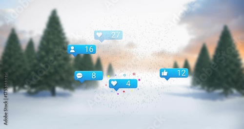 Chat bubble fading starting floating like and heart and comment icons popping and showing engagement