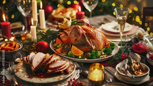Christmas Dinner Turkey: The Iconic Centerpiece of Festive Holiday Meals – Showcasing Juicy, Herb-Roasted Perfection, Garnished with Cranberries, Rosemary, and Gravy, Ideal for Family Gatherings, Holi