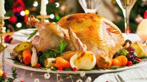 Christmas Dinner Turkey: The Iconic Centerpiece of Festive Holiday Meals – Showcasing Juicy, Herb-Roasted Perfection, Garnished with Cranberries, Rosemary, and Gravy, Ideal for Family Gatherings, Holi