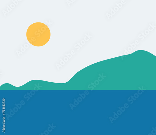 A minimalist landscape collection featuring abstract mountain and sunset scenes in flat color style. The artwork uses geometric shapes, simple compositions, and vibrant color palettes to create modern