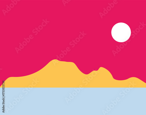 A minimalist landscape collection featuring abstract mountain and sunset scenes in flat color style. The artwork uses geometric shapes, simple compositions, and vibrant color palettes to create modern