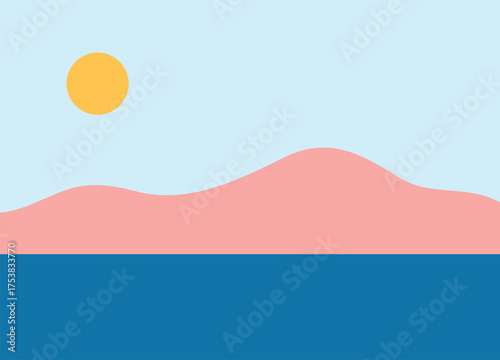 A minimalist landscape collection featuring abstract mountain and sunset scenes in flat color style. The artwork uses geometric shapes, simple compositions, and vibrant color palettes to create modern