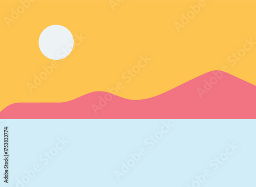 A minimalist landscape collection featuring abstract mountain and sunset scenes in flat color style. The artwork uses geometric shapes, simple compositions, and vibrant color palettes to create modern