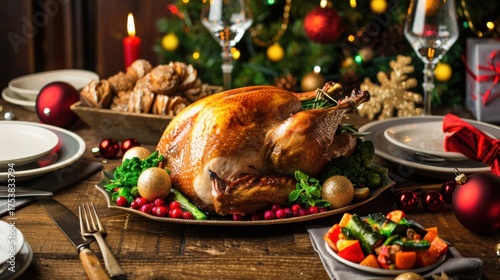 Christmas Dinner Turkey: The Iconic Centerpiece of Festive Holiday Meals – Showcasing Juicy, Herb-Roasted Perfection, Garnished with Cranberries, Rosemary, and Gravy, Ideal for Family Gatherings, Holi