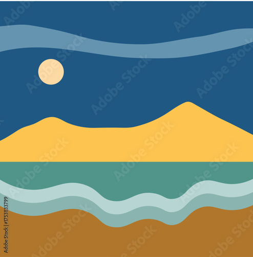 A minimalist landscape collection featuring abstract mountain and sunset scenes in flat color style. The artwork uses geometric shapes, simple compositions, and vibrant color palettes to create modern