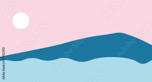 A minimalist landscape collection featuring abstract mountain and sunset scenes in flat color style. The artwork uses geometric shapes, simple compositions, and vibrant color palettes to create modern