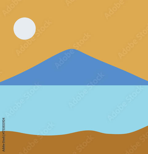 A minimalist landscape collection featuring abstract mountain and sunset scenes in flat color style. The artwork uses geometric shapes, simple compositions, and vibrant color palettes to create modern