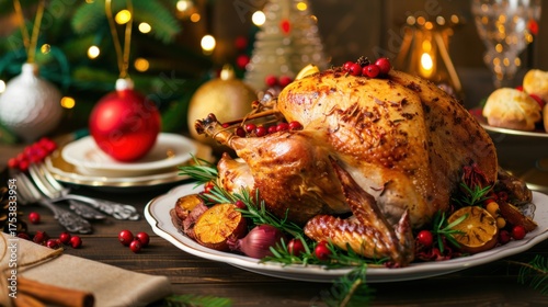 Christmas Dinner Turkey: The Iconic Centerpiece of Festive Holiday Meals – Showcasing Juicy, Herb-Roasted Perfection, Garnished with Cranberries, Rosemary, and Gravy, Ideal for Family Gatherings, Holi