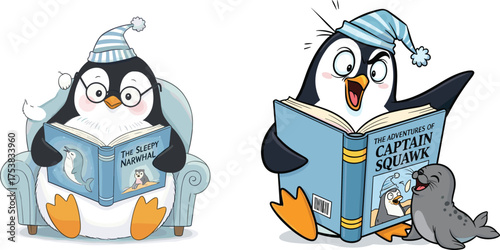 Cute cartoon penguin reading book, bedtime illustration, adorable penguin and seal character, winter storytime concept, educational children art, cozy reading moment
