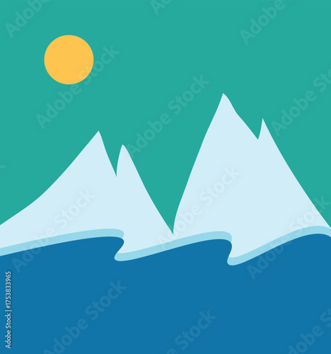 A minimalist landscape collection featuring abstract mountain and sunset scenes in flat color style. The artwork uses geometric shapes, simple compositions, and vibrant color palettes to create modern