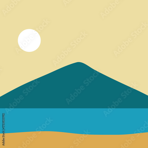 A minimalist landscape collection featuring abstract mountain and sunset scenes in flat color style. The artwork uses geometric shapes, simple compositions, and vibrant color palettes to create modern