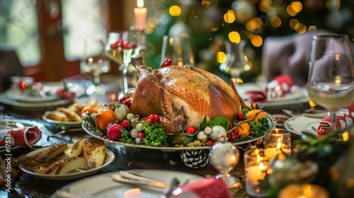 Christmas Dinner Turkey: The Iconic Centerpiece of Festive Holiday Meals – Showcasing Juicy, Herb-Roasted Perfection, Garnished with Cranberries, Rosemary, and Gravy, Ideal for Family Gatherings, Holi