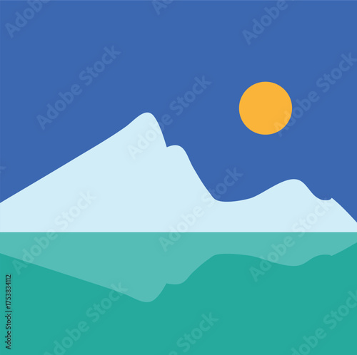 A minimalist landscape collection featuring abstract mountain and sunset scenes in flat color style. The artwork uses geometric shapes, simple compositions, and vibrant color palettes to create modern