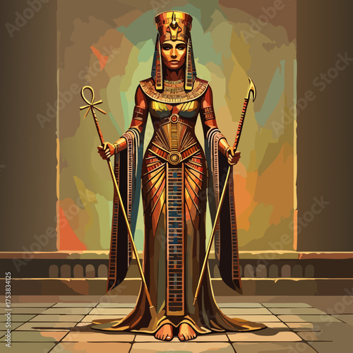 Digital Painting of Egyptian Goddess Statue in Golden Armor