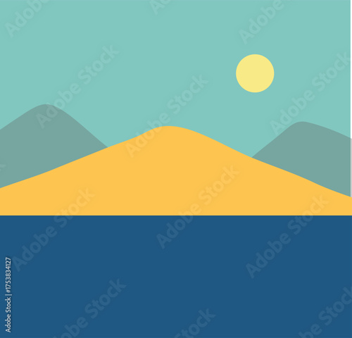 A minimalist landscape collection featuring abstract mountain and sunset scenes in flat color style. The artwork uses geometric shapes, simple compositions, and vibrant color palettes to create modern
