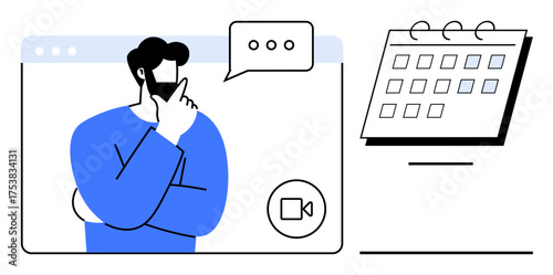 Man in video call window thinking about scheduling or planning, with speech bubble and calendar. Ideal for remote work, time management, decision-making, communication, scheduling, planning, online