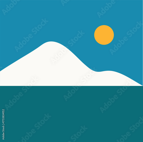A minimalist landscape collection featuring abstract mountain and sunset scenes in flat color style. The artwork uses geometric shapes, simple compositions, and vibrant color palettes to create modern