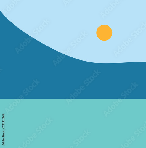 A minimalist landscape collection featuring abstract mountain and sunset scenes in flat color style. The artwork uses geometric shapes, simple compositions, and vibrant color palettes to create modern