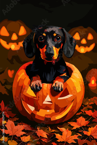 ute Dachshund Puppy in Jack-O'-Lantern Pumpkin Halloween Illustration