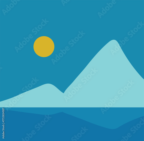 A minimalist landscape collection featuring abstract mountain and sunset scenes in flat color style. The artwork uses geometric shapes, simple compositions, and vibrant color palettes to create modern
