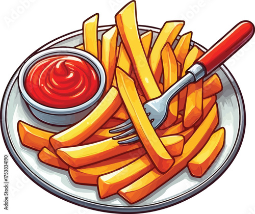 Plate of French Fries Ketchup Illustration