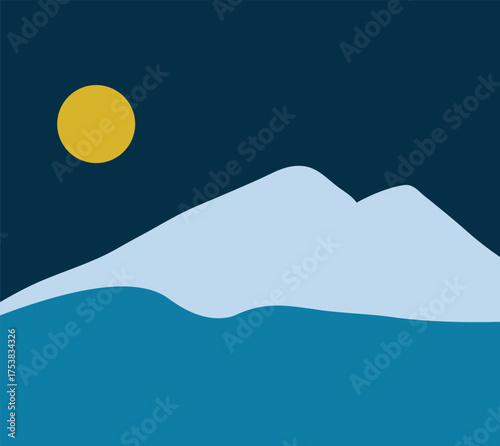 A minimalist landscape collection featuring abstract mountain and sunset scenes in flat color style. The artwork uses geometric shapes, simple compositions, and vibrant color palettes to create modern