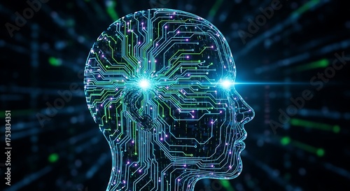 Circuit board head profile with glowing eyes on a dark background