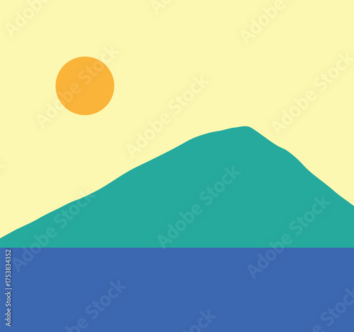 A minimalist landscape collection featuring abstract mountain and sunset scenes in flat color style. The artwork uses geometric shapes, simple compositions, and vibrant color palettes to create modern
