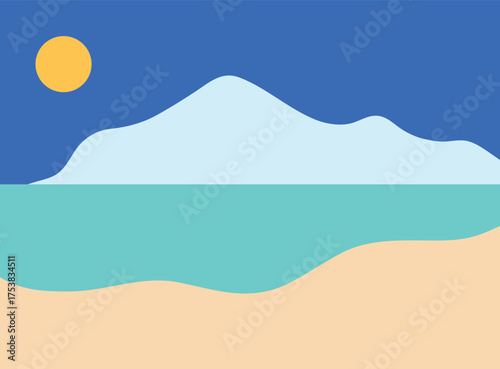 A minimalist landscape collection featuring abstract mountain and sunset scenes in flat color style. The artwork uses geometric shapes, simple compositions, and vibrant color palettes to create modern