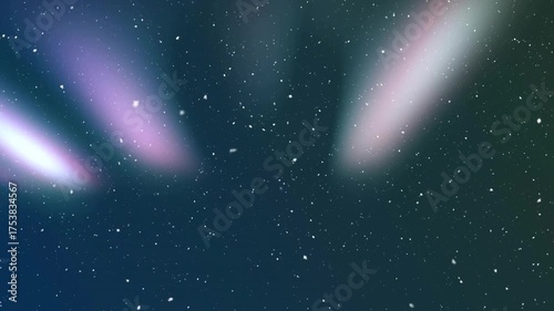 At opening three aurora pillars descending pulsing illustrating rippling lights against starry sky