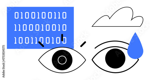 Two eyes gazing at binary code, cloud, and droplet. Ideal for technology, data analysis, cybersecurity, AI, emotional intelligence cloud storage digital stress. Simple flat metaphor