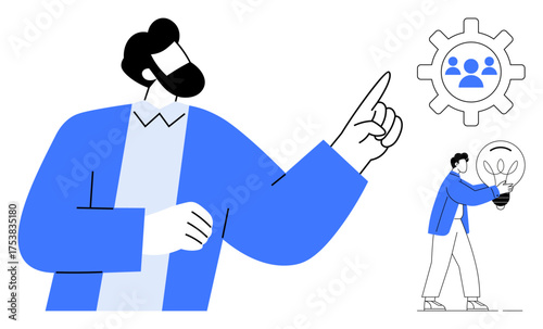 Person gestures toward cogwheel with team icon and individual holding lightbulb, highlighting teamwork, leadership, and innovation. Ideal for collaboration, strategy, planning, creativity