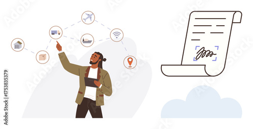 Person using tablet while interacting with IoT network icons thumbs up home, shopping cart, airplane digital document on side. Ideal for technology, IoT, innovation, contracts, business