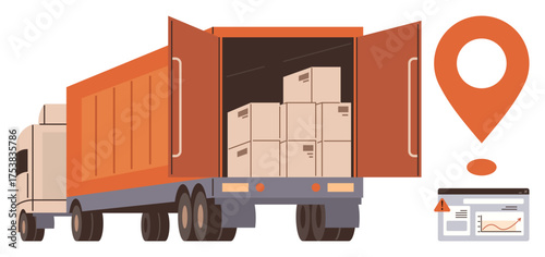 Logistics truck loaded with shipment boxes, map pin indicating location, and a digital dashboard displaying data. Ideal for transport, shipping, delivery, supply chain, tracking fleet efficiency. A