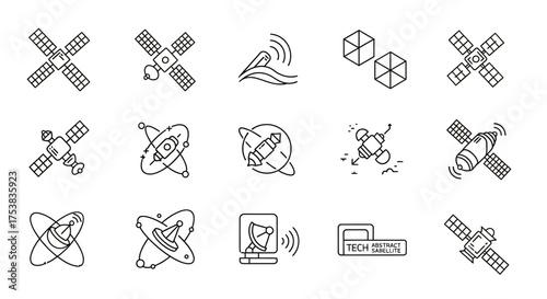 A collection of fifteen line art illustrations depicting various satellite designs, signal transmission, and technological concepts on a white background.