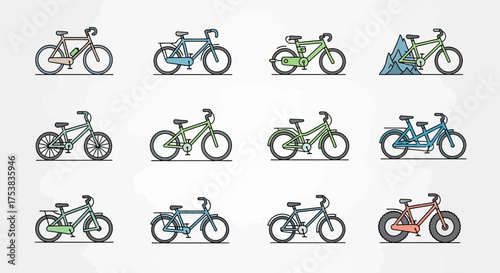 An array of twelve different bicycle illustrations, each with a unique design and color scheme.