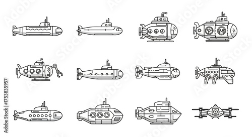 A collection of twelve different submarine drawings in a simple black and white outline style, showcasing various designs and perspectives.