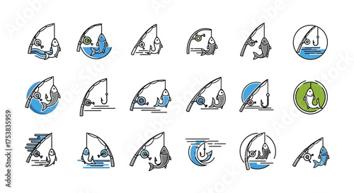 Collection of fishing logo designs featuring fishing rods, hooks, fish, and water elements in various circular and linear arrangements.
