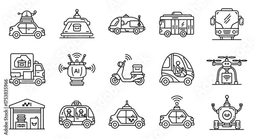 Collection of outlined icons depicting various autonomous vehicles, including cars, buses, trucks, drones, and other futuristic transportation concepts.