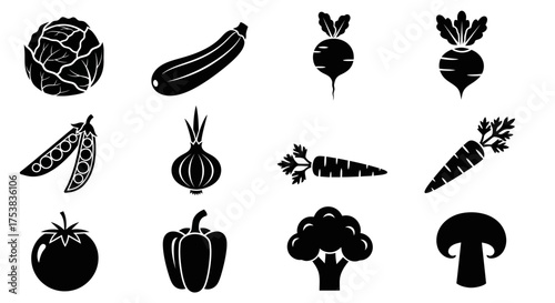 A collection of twelve different vegetables depicted as simple, black silhouette icons on a white background.