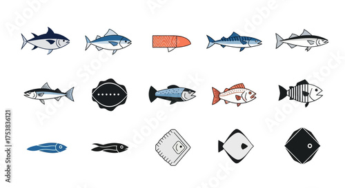 A collection of fifteen stylized vector illustrations of different fish species and related elements, arranged in rows on a white background.