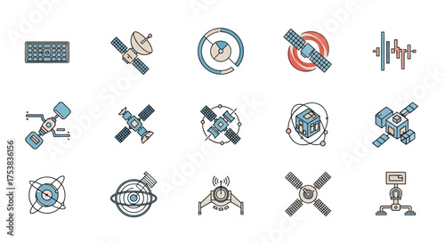 Collection of stylized icons depicting various satellite designs, radar displays, and signal wave forms on a white background.