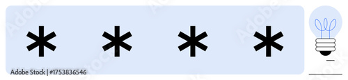 Four black asterisks in a row on a light blue background with a glowing light bulb at the edge. Ideal for creativity, innovation, uniqueness, brainstorming, problem-solving, ideas, design thinking. A