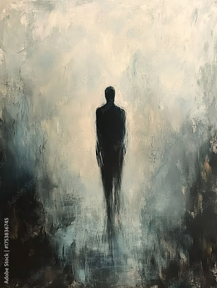 Obraz premium An artistic depiction of a solitary figure in a mystical atmosphere. A sense of introspective journey amidst a ethereal backdrop, invoking contemplation and mystery.